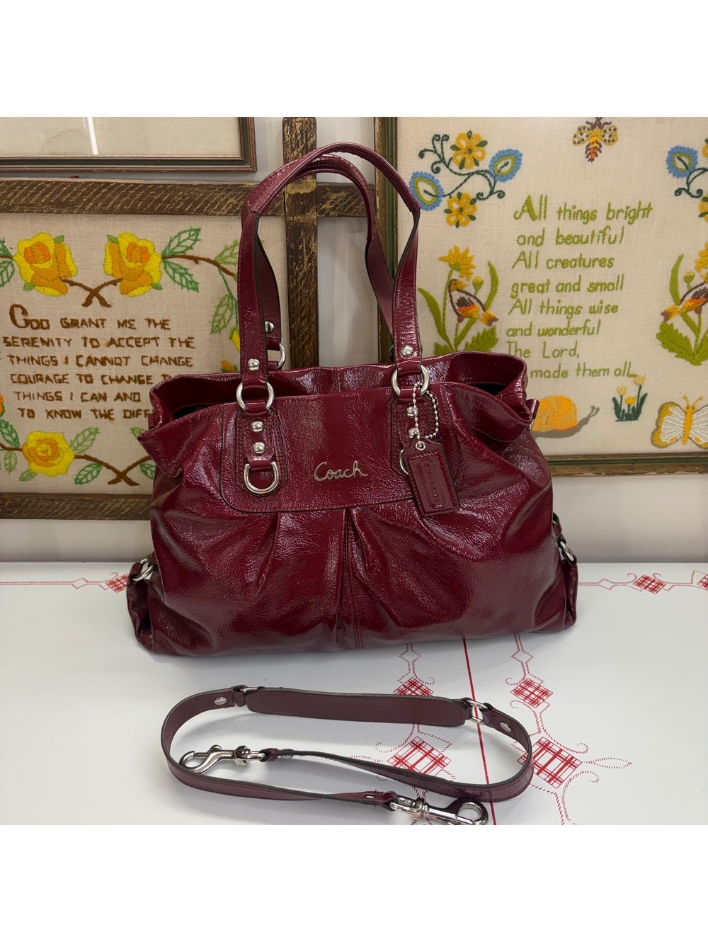Coach Ashley patent leather satchel tote in Merlot/burgundy color